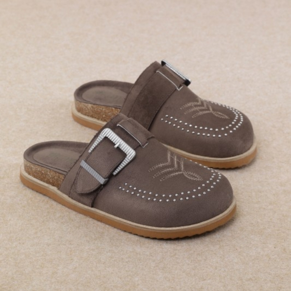 Mi.iM Brown Suede Studded Clog Mules with Buckle